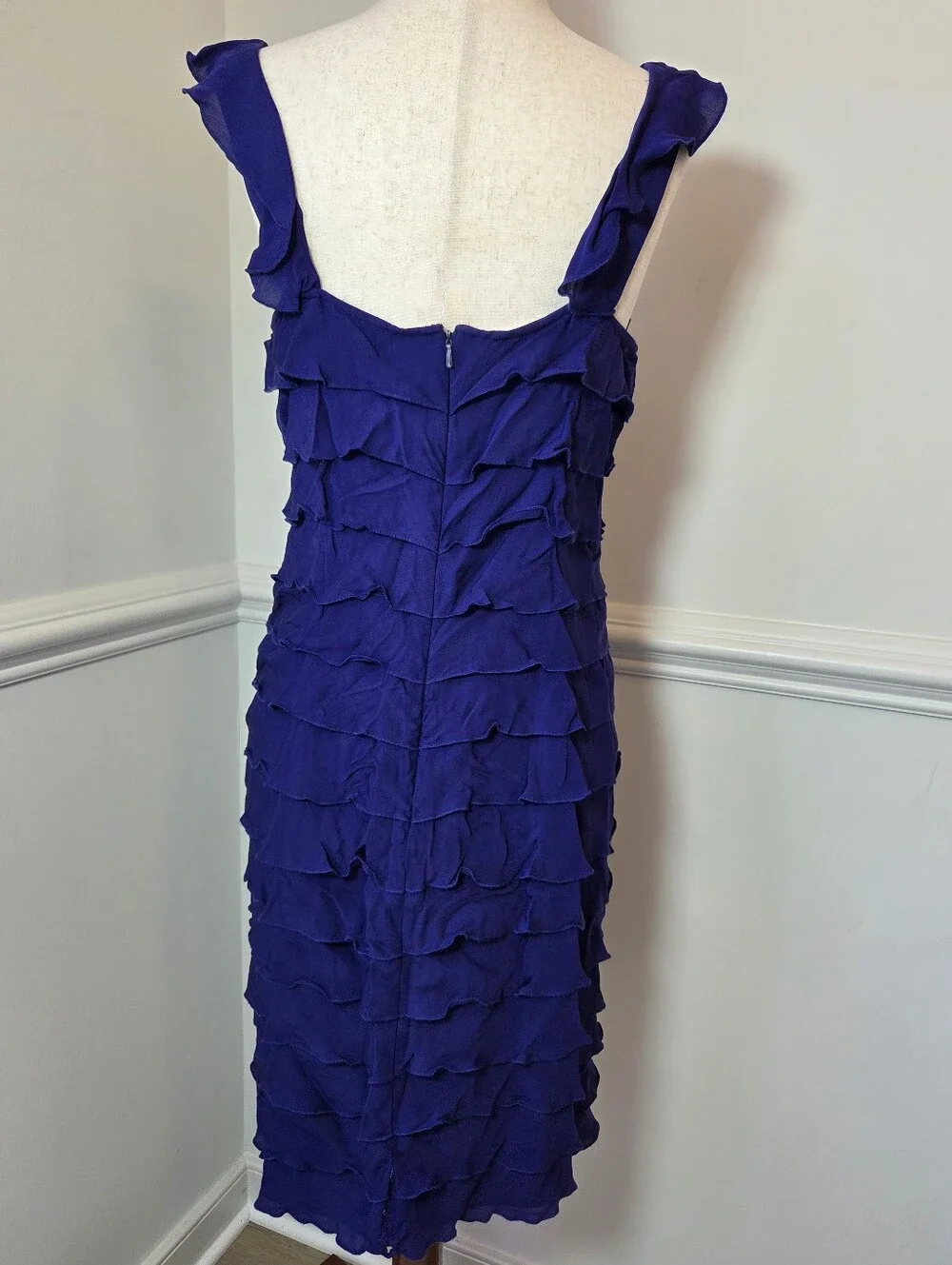 Suzi Chin Silk Dress Size 8 Blue Tiered Ruffle Cocktail Wedding Guest Y2K